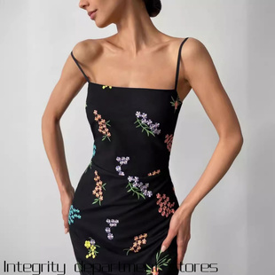 Sexy Straps Dress气质淑女网布刺绣吊带连衣裙 Split Lace