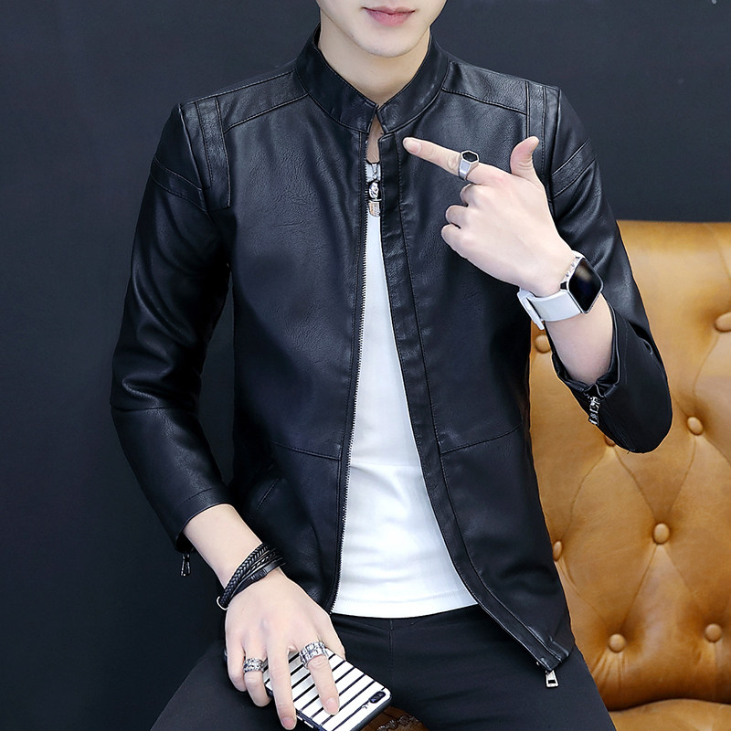 2020 new leather men's autumn winter standing collar coat trend slim fit Korean top handsome men's leather jacket