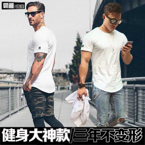 欧美健身短袖弧形下摆运动T恤男