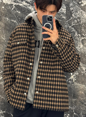 CE 25棕黄色威尔士亲王格纹翻领60支定染羊毛夹棉夹克外套男女