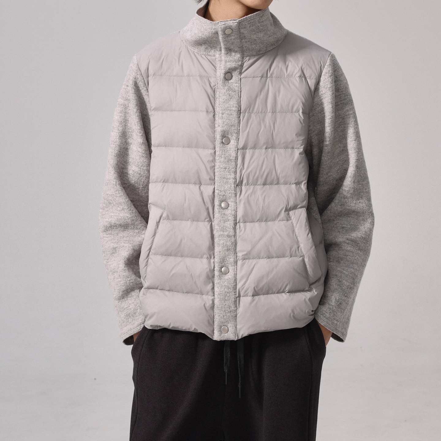 LEM轻薄款灰色羊毛拼接立领鹅绒羽绒服纽扣夹克外套保暖秋冬