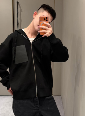 现货LOE高定胸口压花皮牌羊毛混纺老钱拉链针织衫外套男女宽松