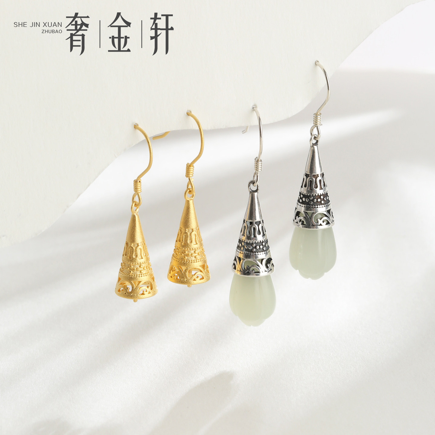 925纯银耳饰空托国潮新中式玉兰花水滴diy手工蜜蜡松石镶嵌耳坠托