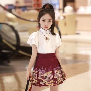 马面裙女童夏季短袖套装中国风夏天童装半身裙儿童汉服短款连衣裙