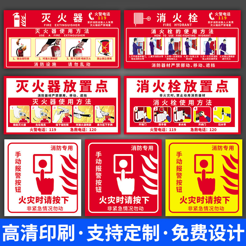 手动报警按钮标识牌火灾消防标志标牌专用声光报警器灭火器防火卷帘门