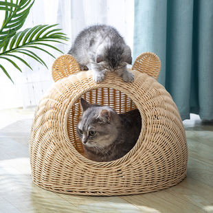 藤编猫窝四季 猫咪凉窝生活用品 通用半封闭式 宠物窝大猫床产房夏季