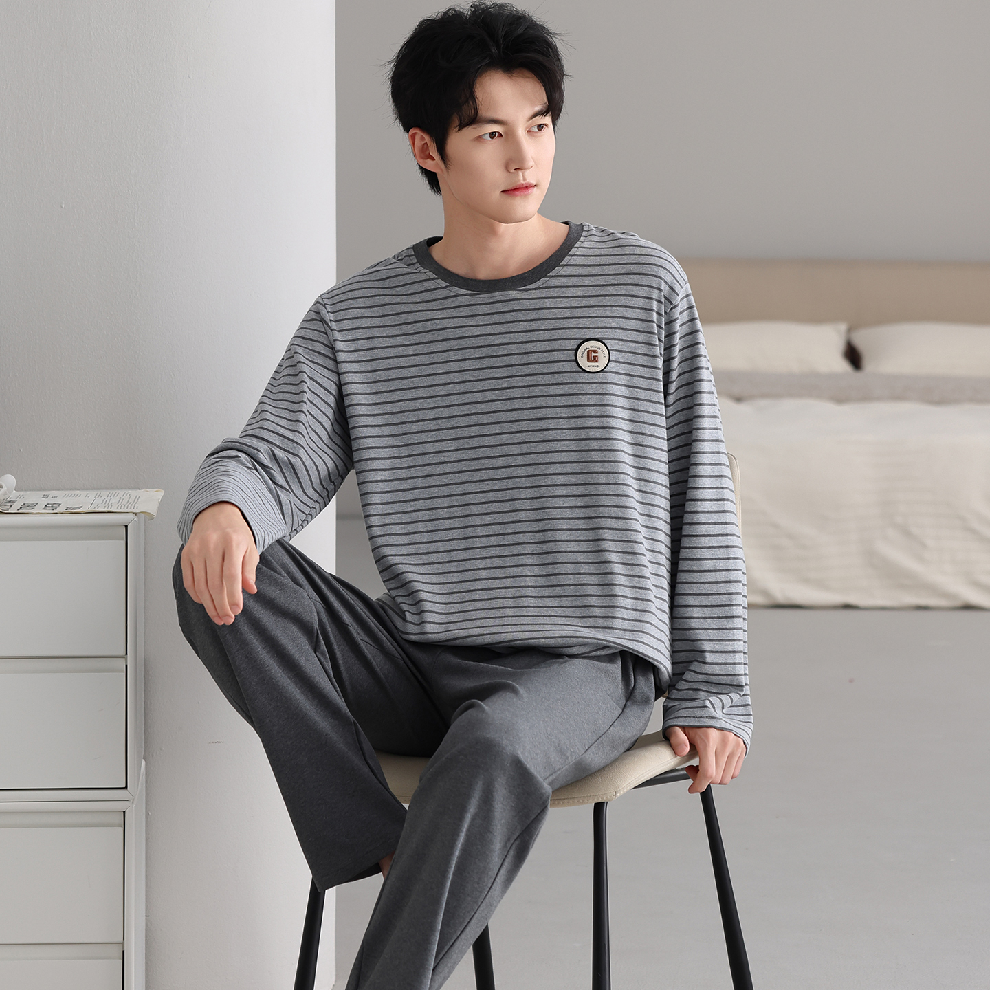 100%纯棉睡衣男士高档长袖圆领
