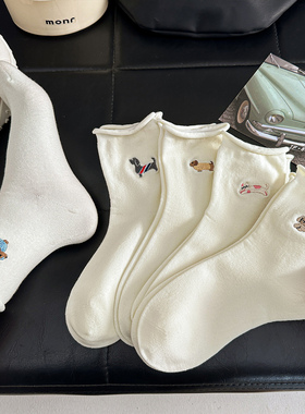 夏季袜子女薄款白色卷边堆堆袜刺绣小狗中筒纯棉吸汗可爱百搭少女