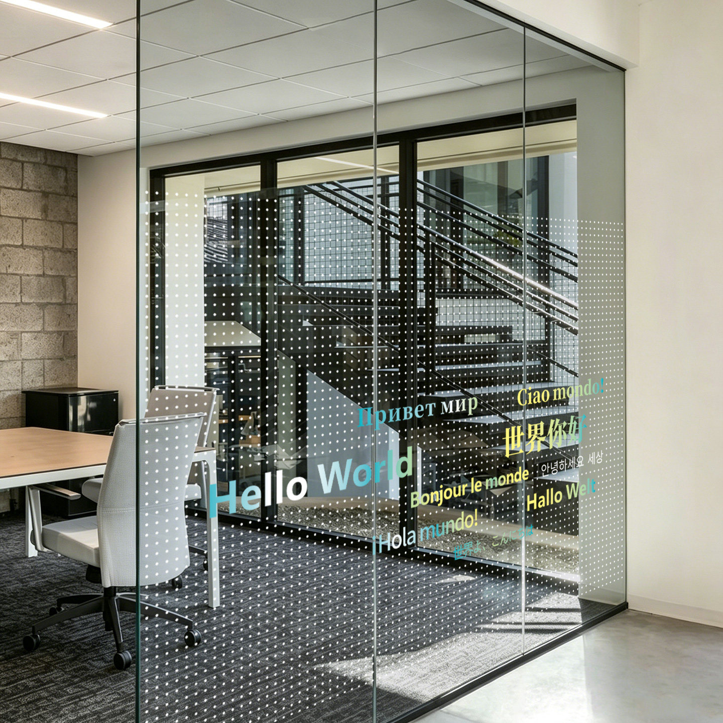简约圆点线条贴膜定制Hello World英文玻璃贴膜办公室会议室贴纸
