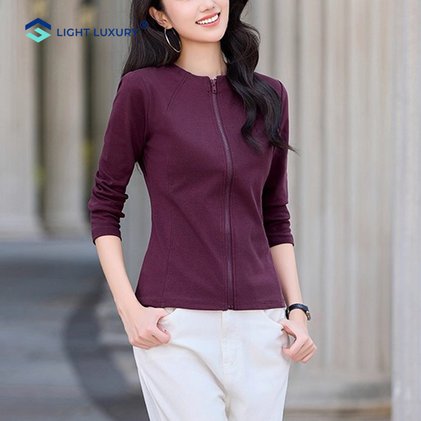 独特紫红色拉链长袖T恤女气质遮肉圆领开衫外套打底衫短款上衣,女装/女士精品,T恤,淘宝优惠券,粉丝福利购,淘宝优惠卷