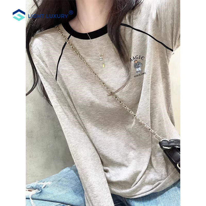 拼色长袖t恤女插肩袖线条设计
