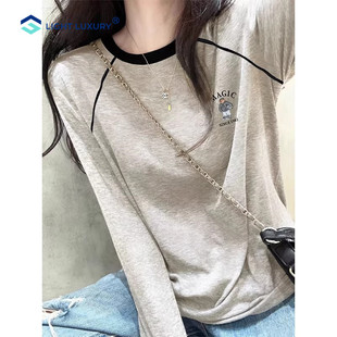 百搭浅花灰色上衣插肩袖 拼色长袖 t恤女新款 时尚 线条设计打底衫