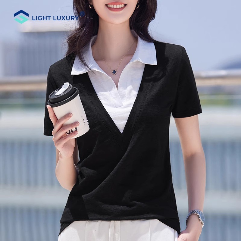 POLO领拼色短袖T恤女装夏季新款设计感黑色宽松上衣独特绿色小衫