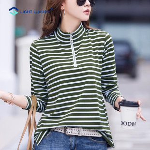 立领打底衫 洋气时尚 宽松休闲翻领条纹外穿上衣 T恤女春秋新款 长袖