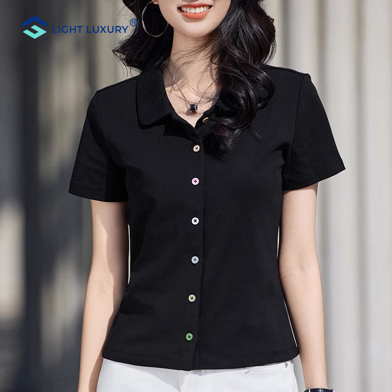 Polo领短袖T恤女夏季新款修身短款开衫设计感纽扣翻领黑色上衣