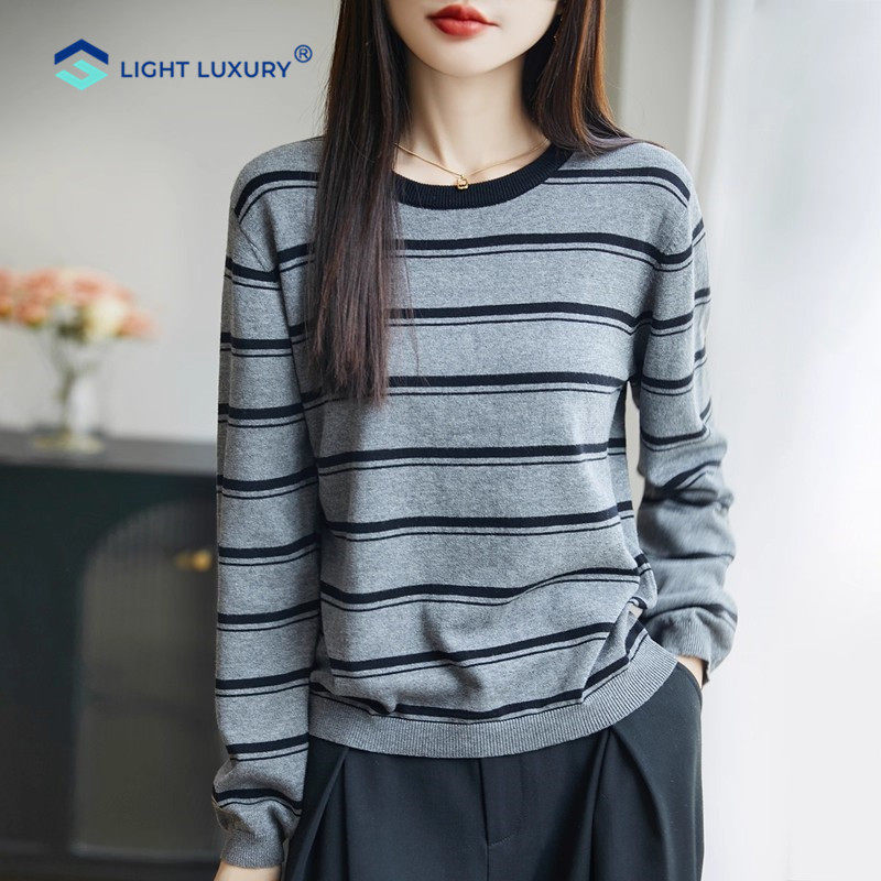 纯棉长袖T恤女秋冬薄款灰色条纹针织毛衣复古圆领内搭打底衫上衣