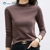 「纯棉」半高领打底衫 T恤中领刺绣上衣 显瘦长袖 女内搭秋冬 修身