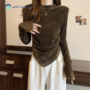 内搭不规则半高领上衣 收腰显瘦大码 金丝绒长袖 t恤女秋冬打底衫