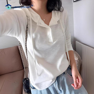 连帽白色长袖 轻薄透气上衣欧货 t恤女秋冬新款 宽松简约洋气打底衫
