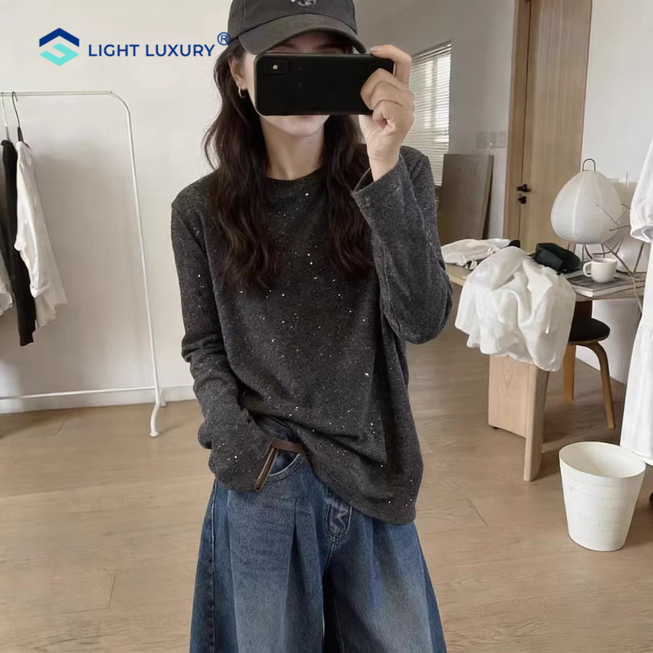 亮片长袖T恤女简约圆领宽松显瘦