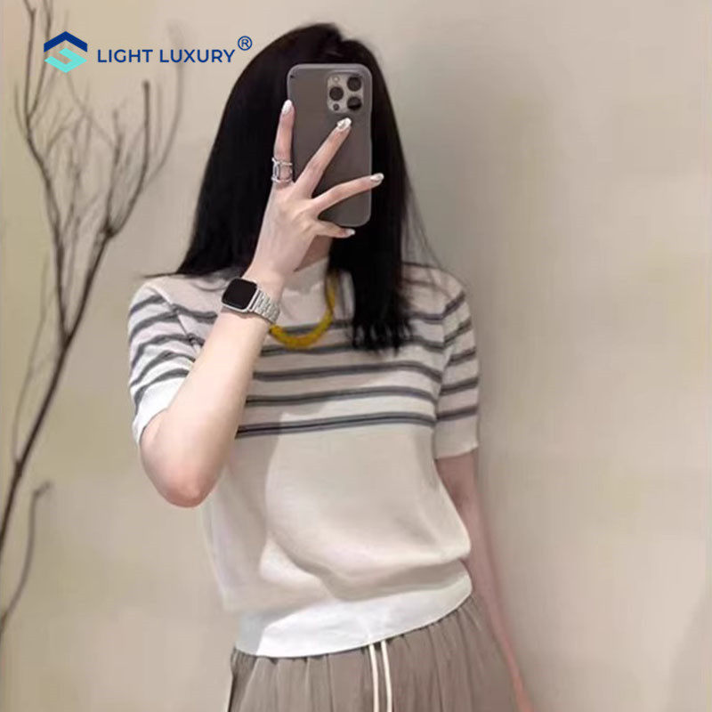 条纹薄款针织T恤女夏季小个子短款宽松法式上衣圆领杏色半袖小衫