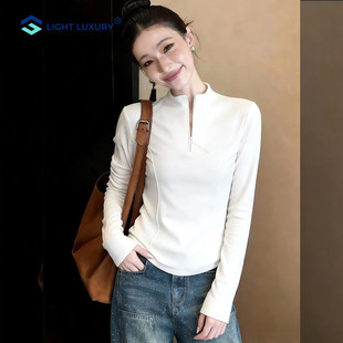 显瘦高级白色运动上衣 修身 立领长袖 T恤女半拉链纯色百搭打底衫