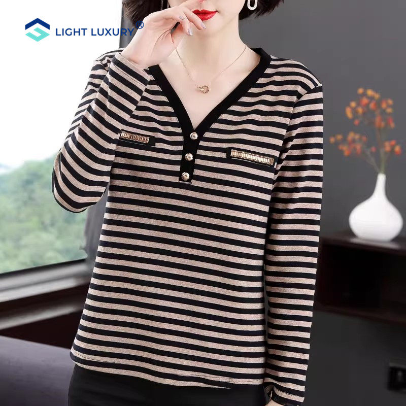 纯棉条纹长袖t恤女秋冬新款宽松大码v领外穿秋衣独特设计打底衫