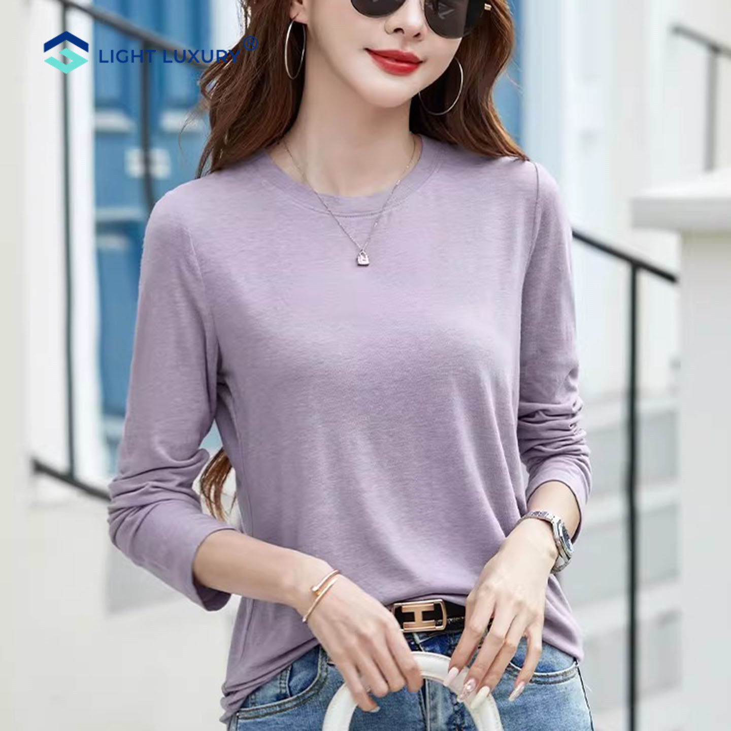 长袖面膜t恤女宽松垂感透气薄款内搭打底衫外穿正肩紫色高级上衣