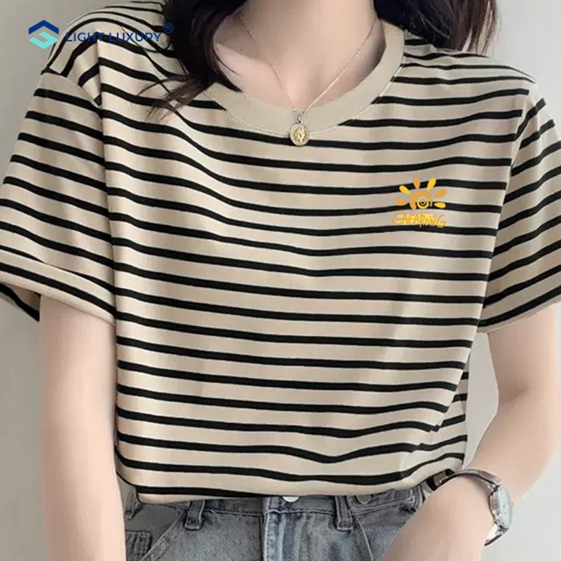 纯棉正肩条纹t恤女短袖2024夏季新款小众时尚宽松体恤设计感上衣