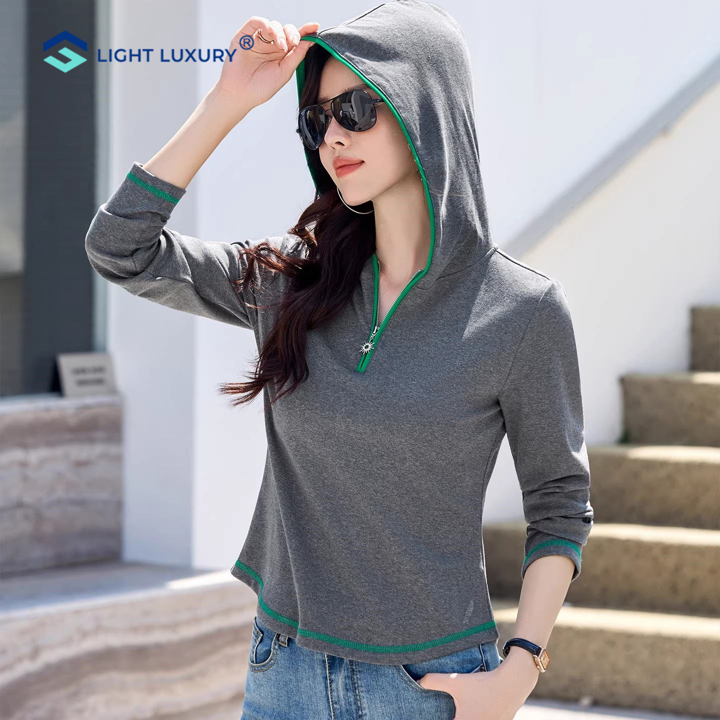 连帽长袖t恤女早春新款修身显瘦短款上衣洋气撞色薄款打底卫衣