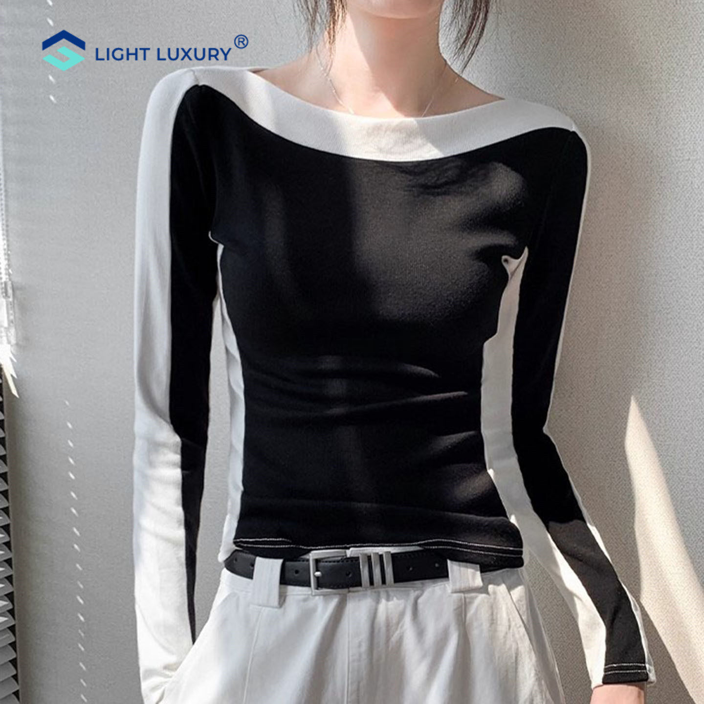 一字领长袖T恤女秋冬磨毛保暖修身内搭打底衫黑白拼色高级设计感