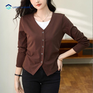 V领正肩长袖t恤女早秋新款假两件时尚洋气纯棉上衣减龄内搭打底衫