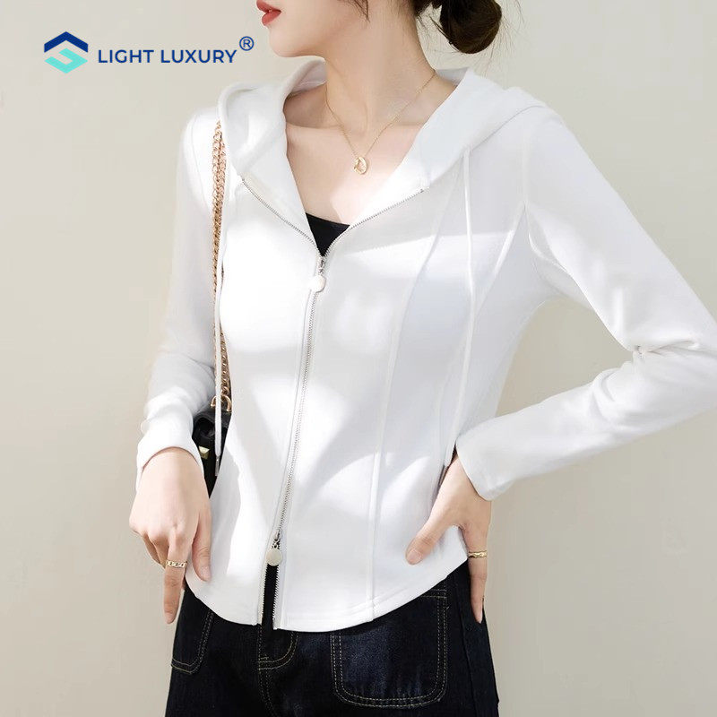 长袖T恤女春秋短款显瘦时尚卫衣开衫薄款运动小个子连帽外穿上衣