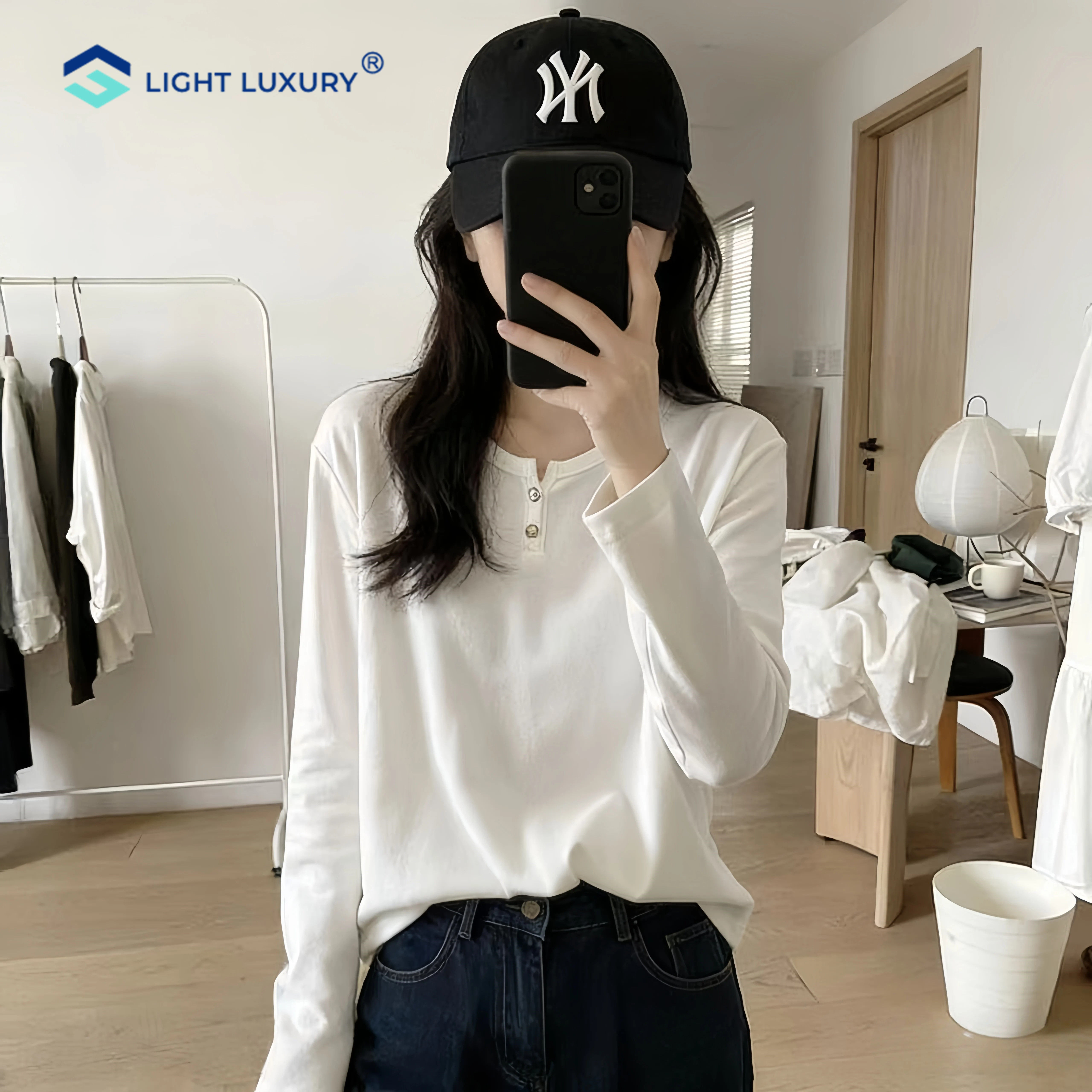 白色长袖t恤女2026早春新款百搭显瘦套头内搭打底衫纽扣休闲上衣