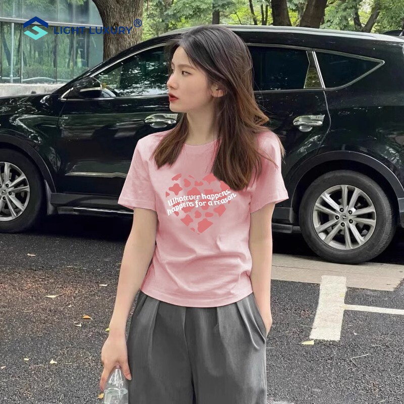 短袖t恤女浅粉色女士正肩纯棉欧货女装夏装2024新款修身上衣体恤