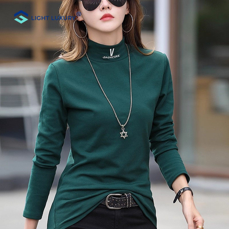 「纯棉」中领打底衫女内搭冬季新款磨毛加厚保暖长袖t恤别致上衣