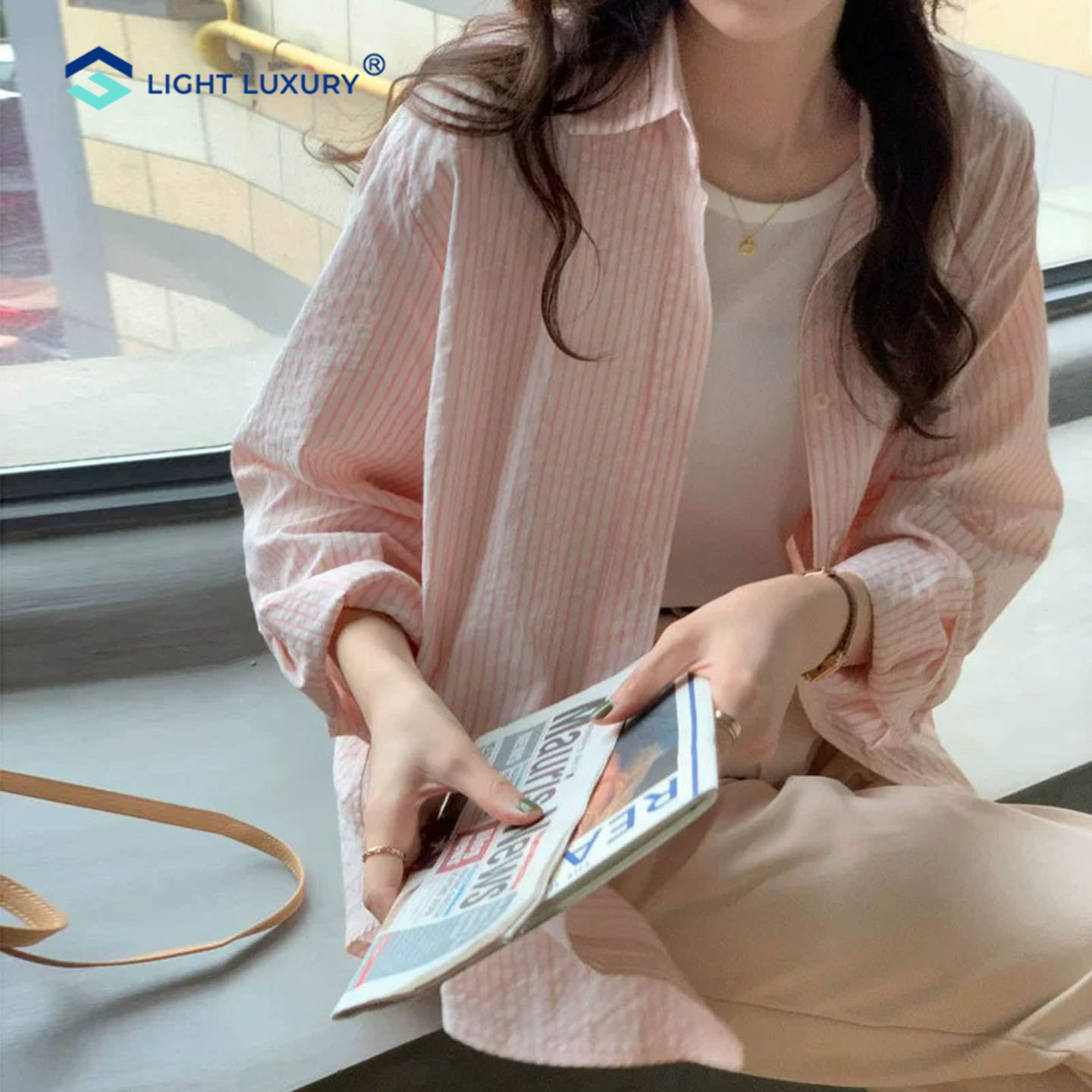 藕粉色条纹衬衫女高级甜美衬衣