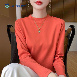 橘色半高领打底衫女秋冬新款棉质宽松内搭T恤立领正肩长袖上衣