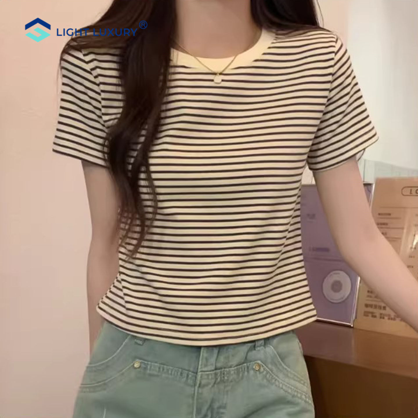 条纹短袖t恤女小个子撞色短正肩