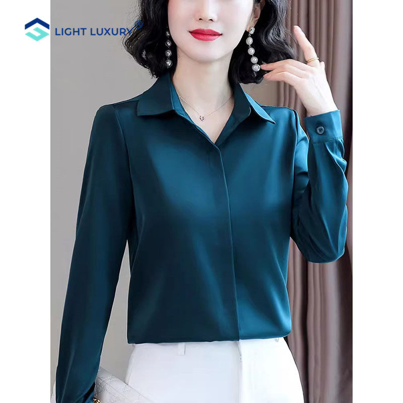 女士衬衫早秋新款高级感轻奢长袖独特孔雀蓝上衣洋气减龄polo衫