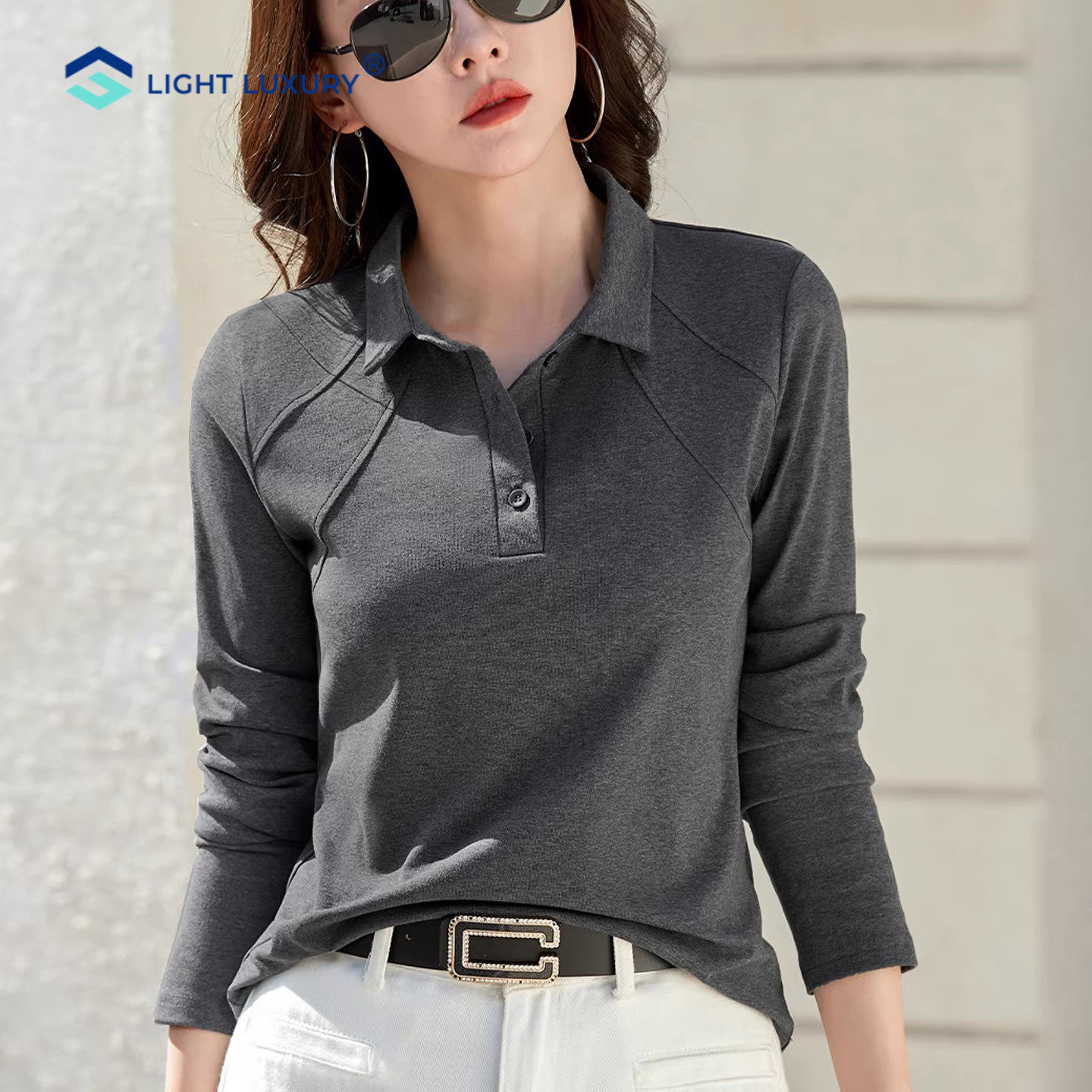 翻领长袖T恤女格雷系灰色修身显瘦打底衫高级感设计polo衫上衣,女装/女士精品,T恤,淘宝优惠券,粉丝福利购,淘宝优惠卷