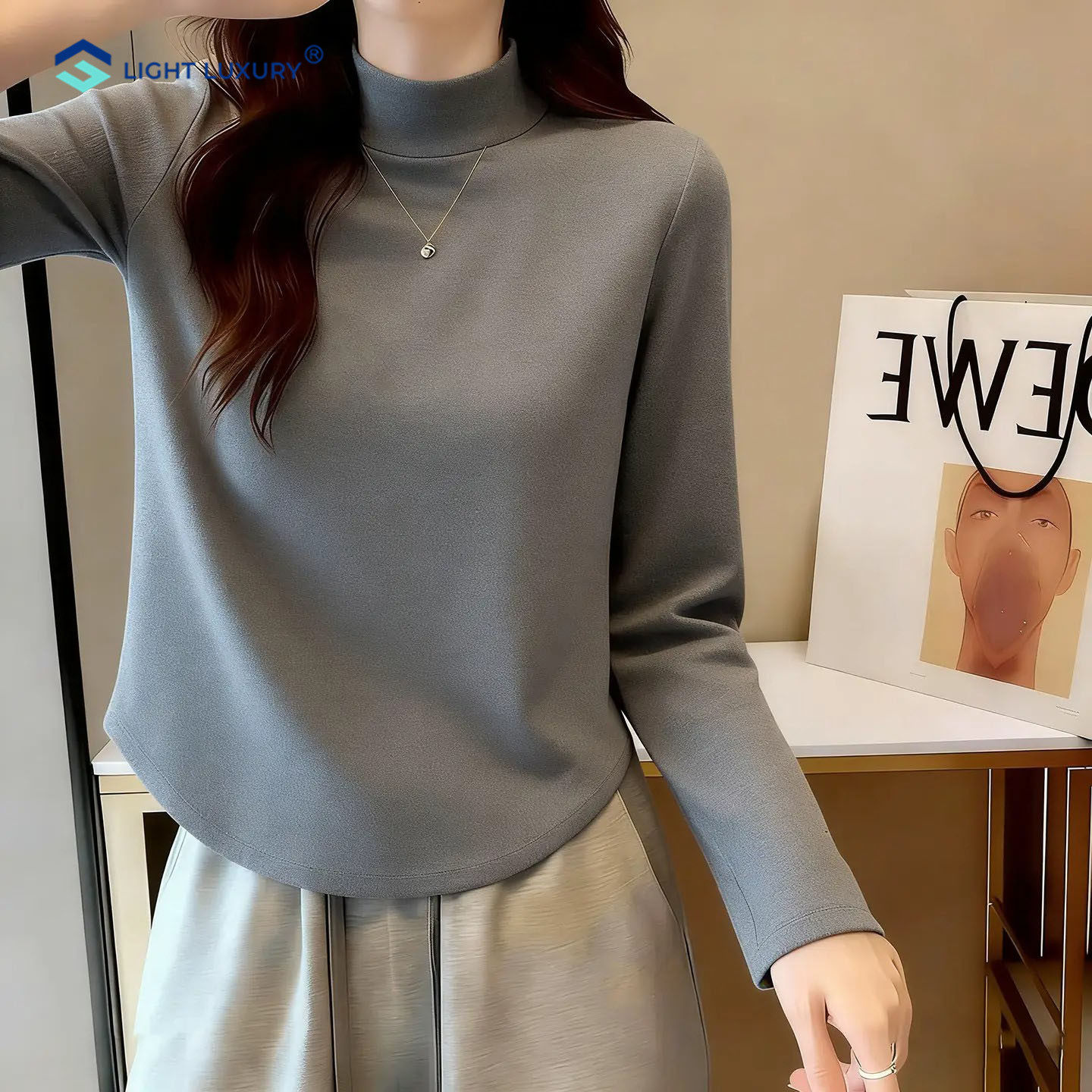 灰色半高领T恤女加绒设计感上衣