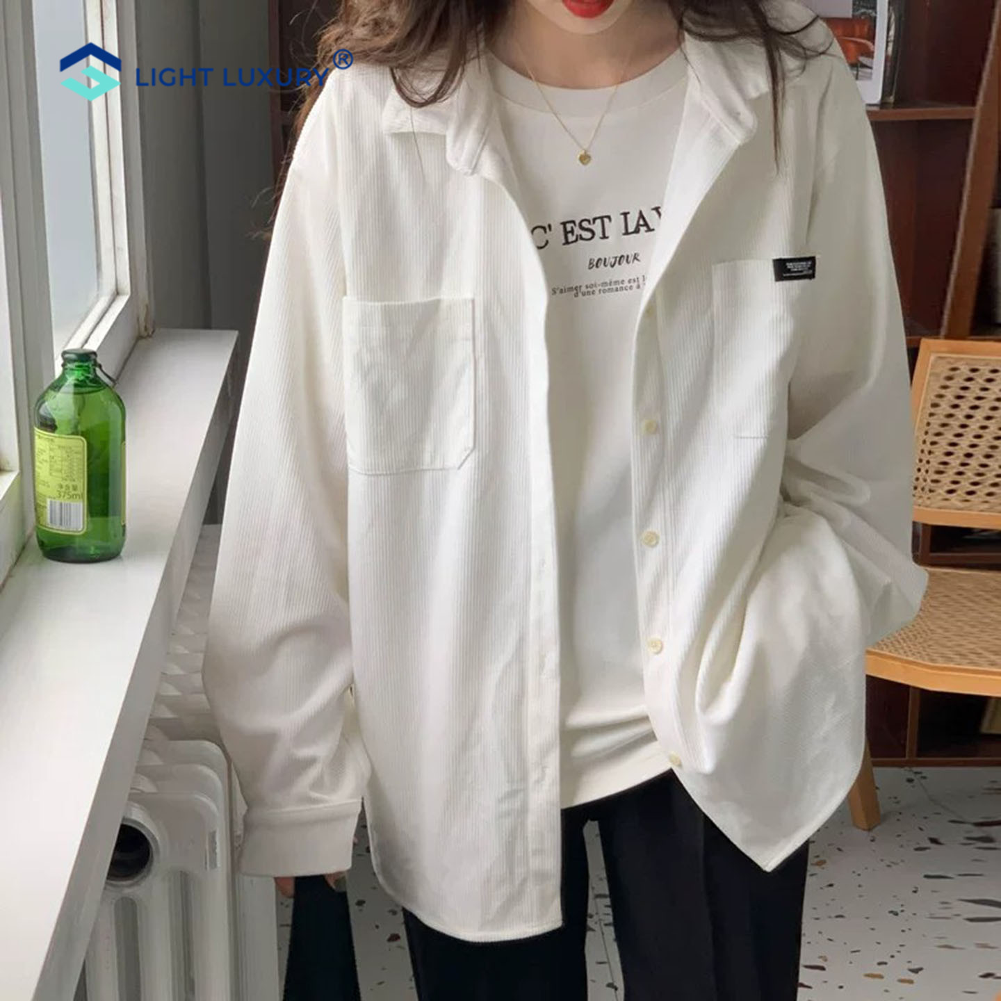 白色衬衫女宽松慵懒中长款外套
