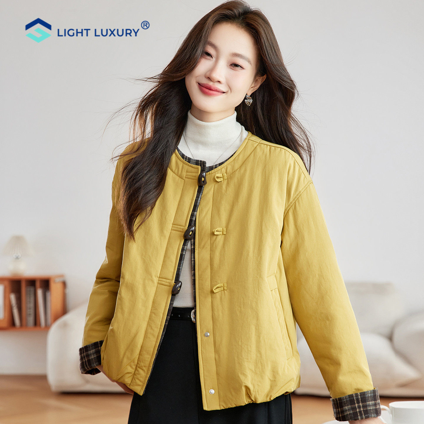 黄色轻薄夹棉外套女小个子短款小香风棉服格子拼接新中式小棉袄潮
