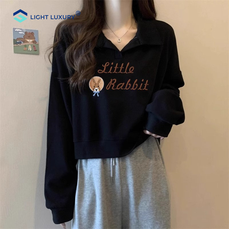 短款T恤女春秋季新款小个子卡通印花polo领上衣宽松舒适黑色小衫