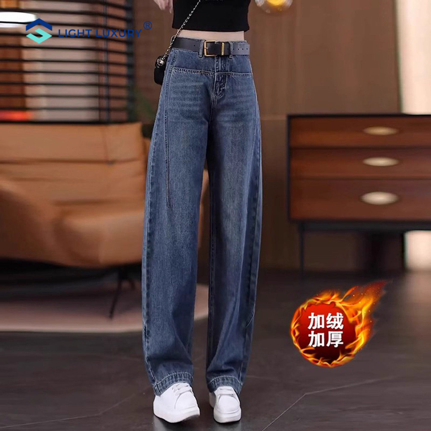 加绒加厚弯刀牛仔裤女梨形显瘦