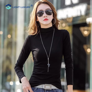 半高领长袖t恤女2026早春薄款内搭纯棉打底衫洋气高级黑色上衣