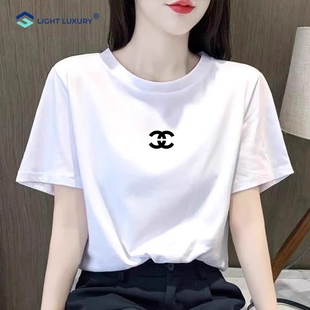 宽松正肩圆领洋气印花百搭上衣纯棉体恤 短袖 T恤女夏季 新款 韩版