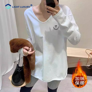 白色打底衫女秋冬季加绒中长款v领内搭T恤宽松遮屁股韩版ins上衣