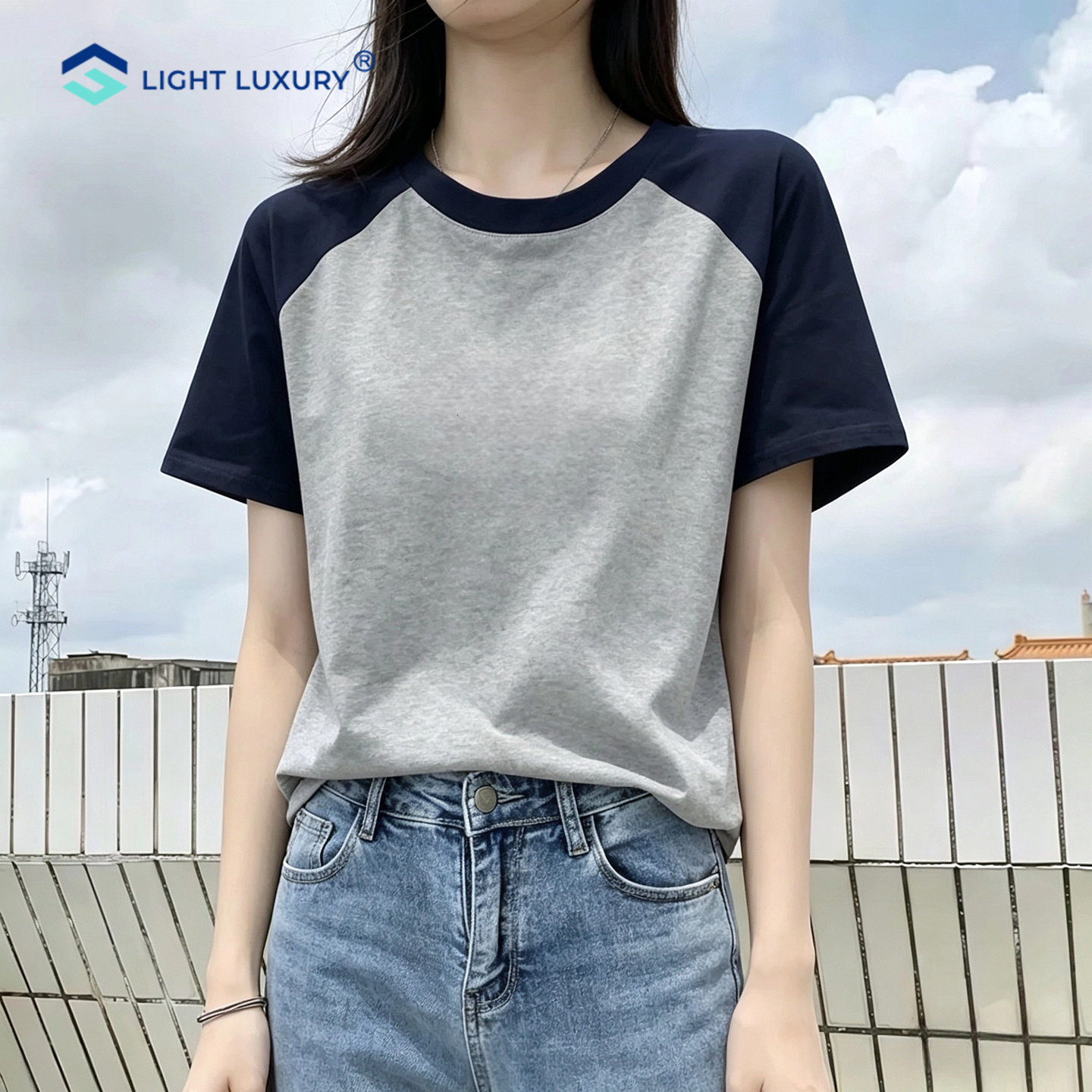 撞色短袖T恤女宽松显瘦插肩上衣
